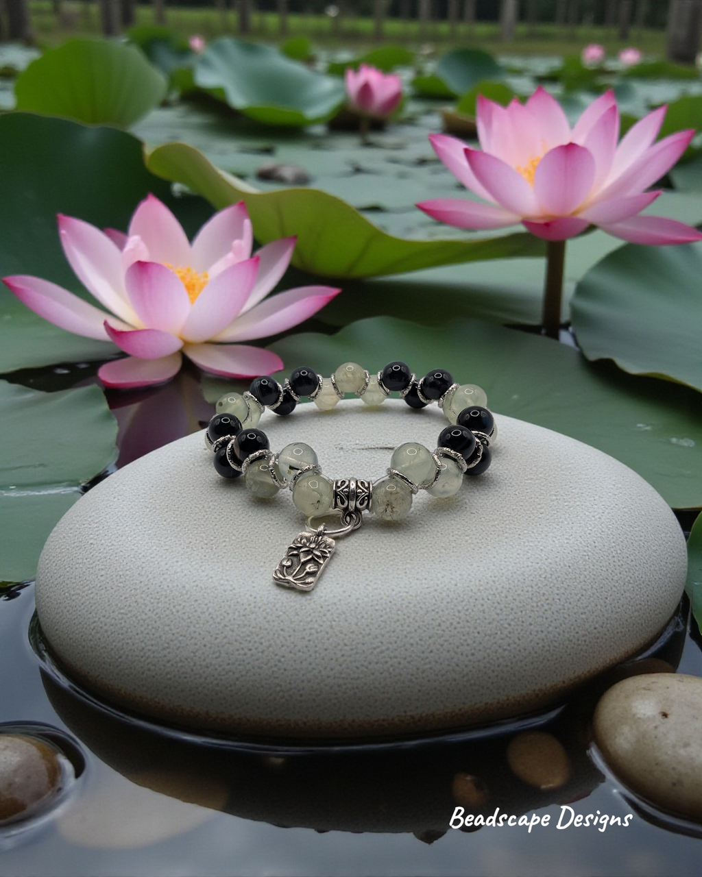 Black Sardonyx & Prehnite Zig Zag Stretch Bracelet with Flower Charm