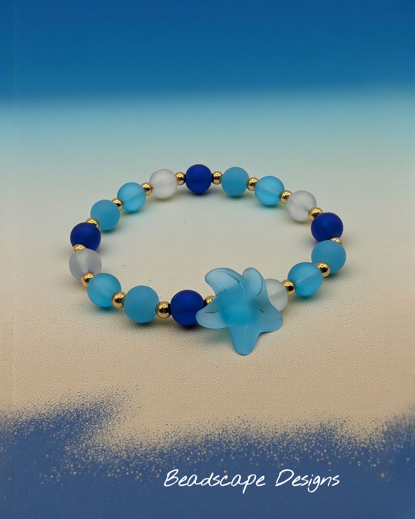 Beach Glass-style Stretch Bracelet with Starfish and Gold Accents