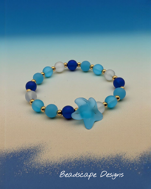 Beach Glass-style Stretch Bracelet with Starfish and Gold Accents