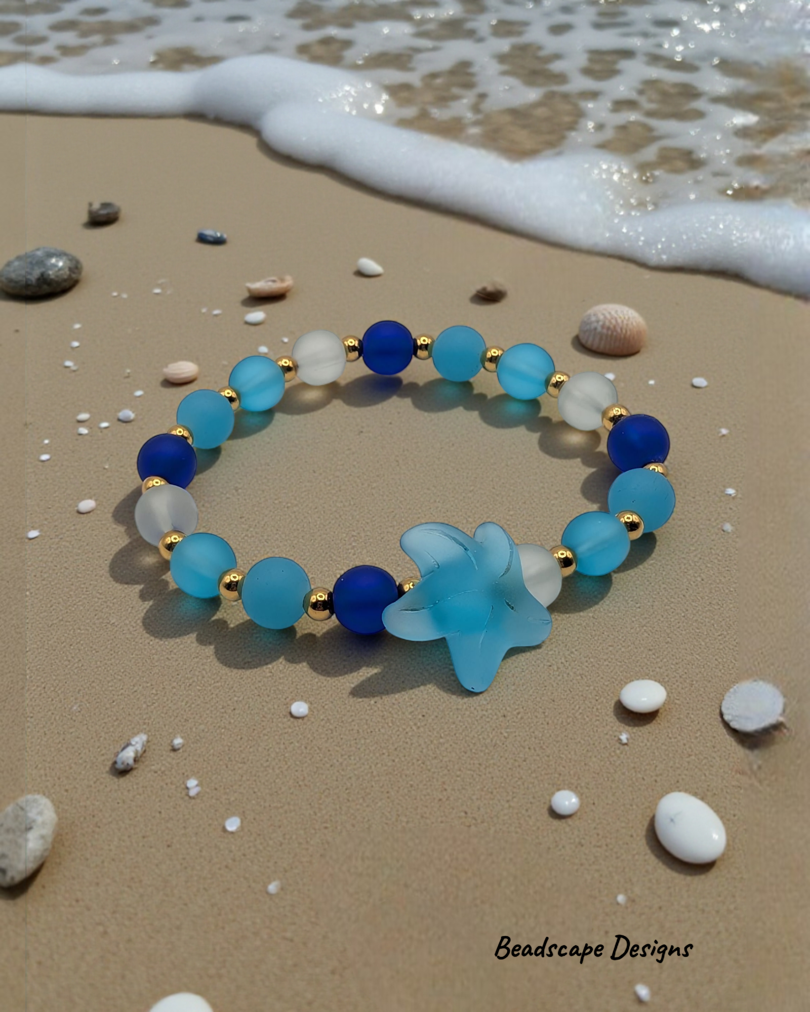 Beach Glass-style Stretch Bracelet with Starfish and Gold Accents