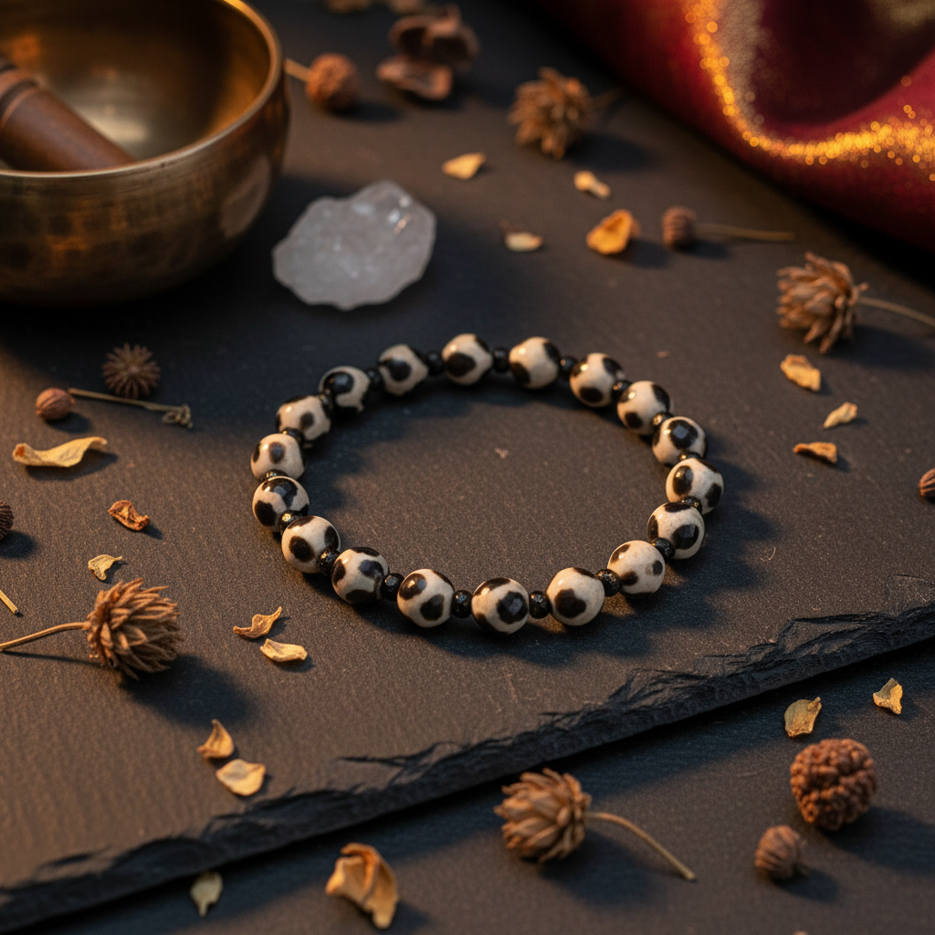 Tibetan Dzi Agate — Black & White on Dark Slate