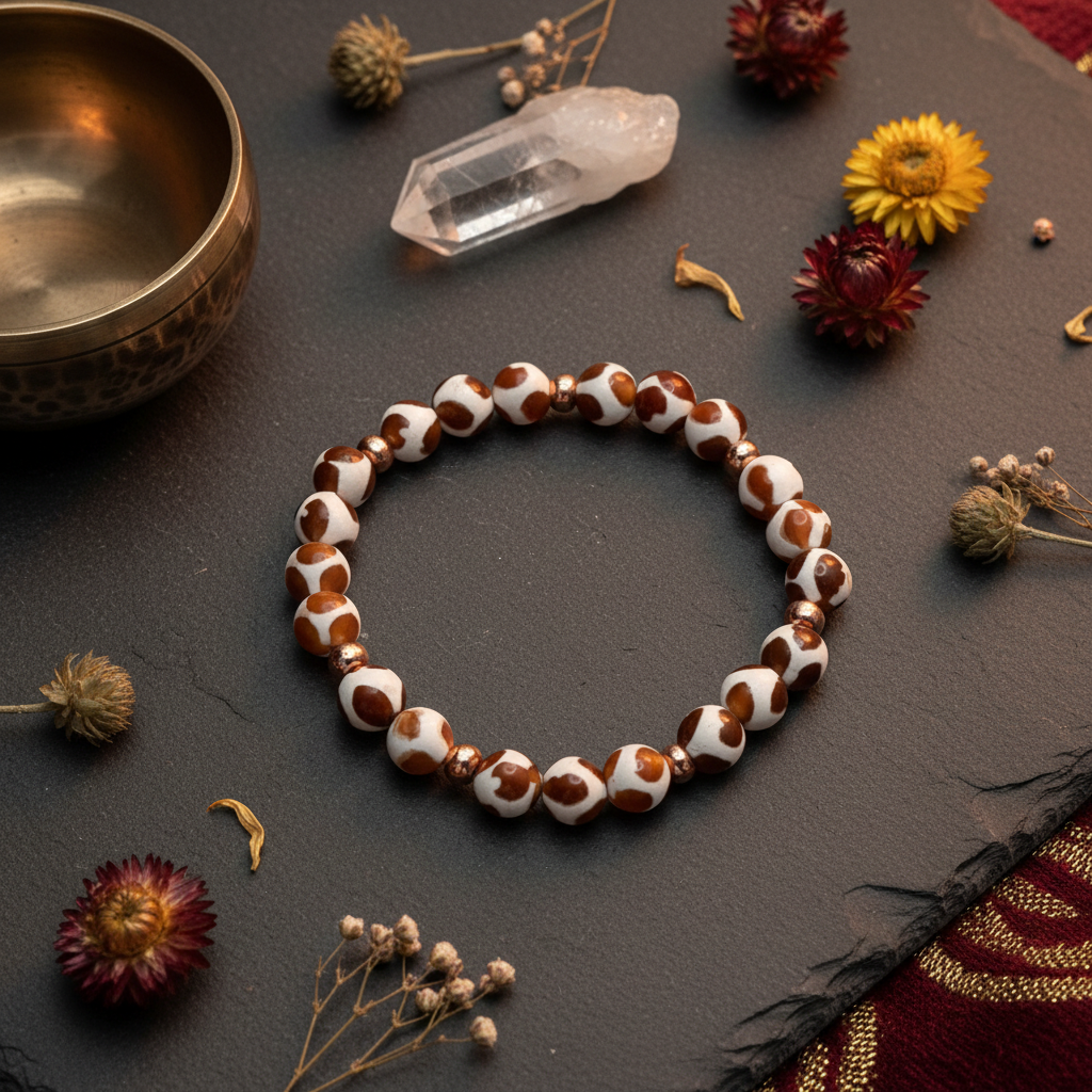Tibetan Dzi Agate — Brass Accents on Dark Slate