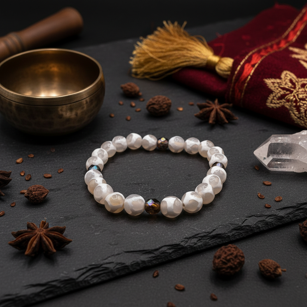 Tibetan Dzi Agate — Golden Vitrail, Angled Reference on Dark Slate
