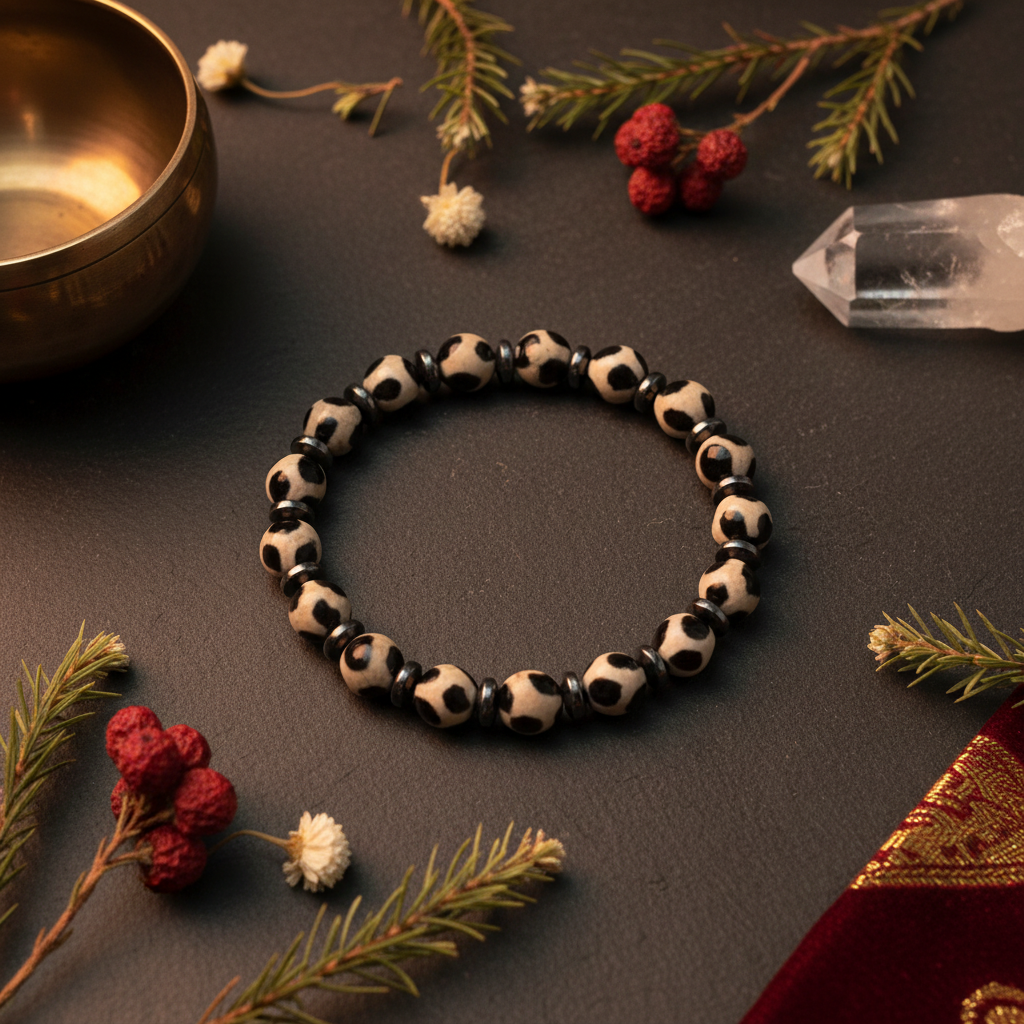 Tibetan Dzi Agate — Hematite Spacers on Dark Slate