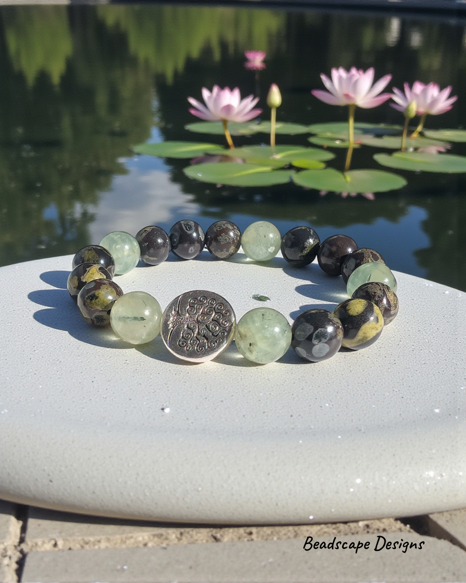 Prehnite and Flower Obsidian Stretch Bracelet, Tree of Life Accent