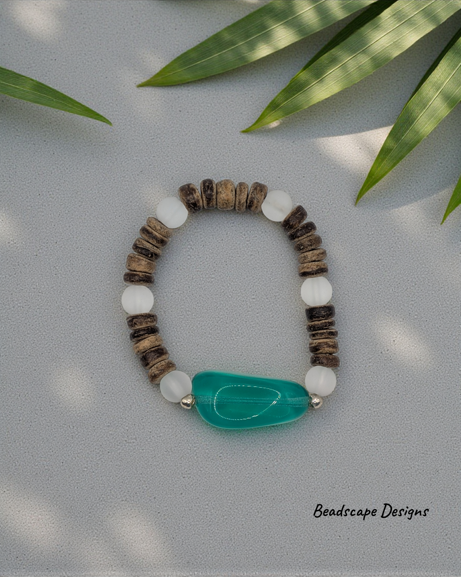 Stretch Bracelet with Czech Glass Green Opal-hued Nugget, Coconut Shell Beads