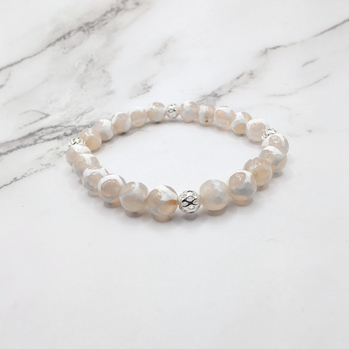Tibetan Dzi-style Agate Bracelet — White & Silver Filigree